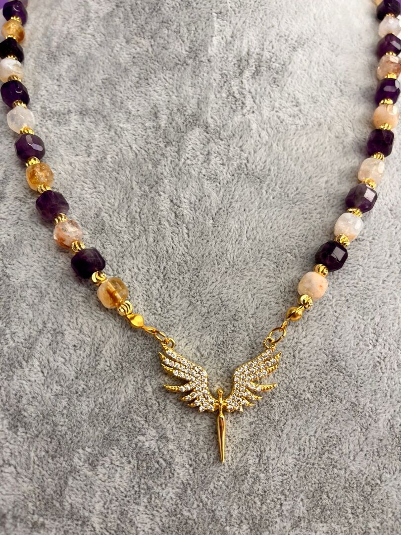 Anka Kuşu Charm’lı Küp Ametist ve Küp Sitrin Taşlı Kolye - 