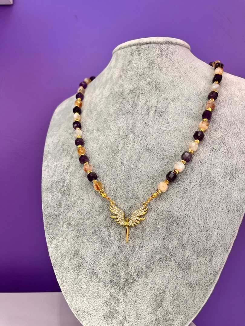 Anka Kuşu Charm’lı Küp Ametist ve Küp Sitrin Taşlı Kolye - 4