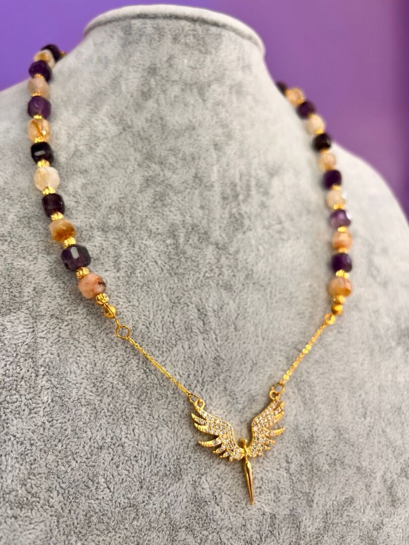 Anka Kuşu Charm’lı Küp Ametist ve Küp Sitrin Taşlı Kolye - 5