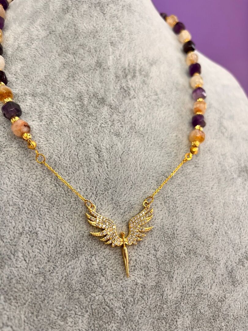 Anka Kuşu Charm’lı Küp Ametist ve Küp Sitrin Taşlı Kolye - 3