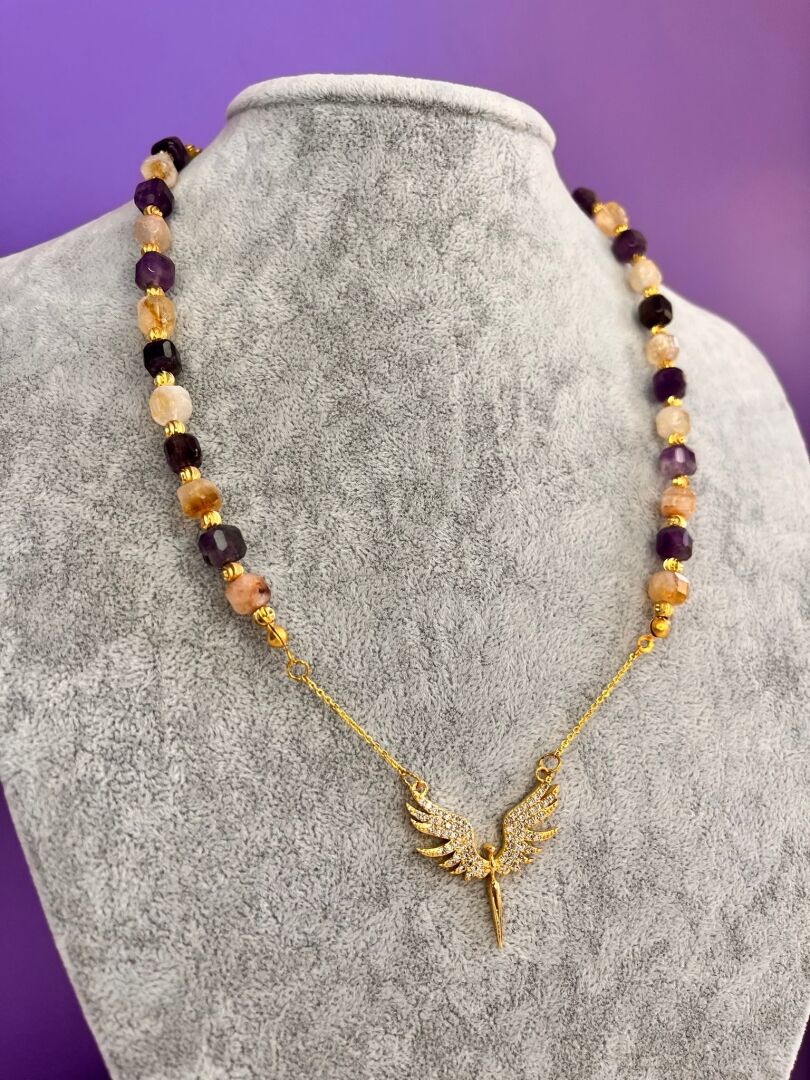 Anka Kuşu Charm’lı Küp Ametist ve Küp Sitrin Taşlı Kolye - 2