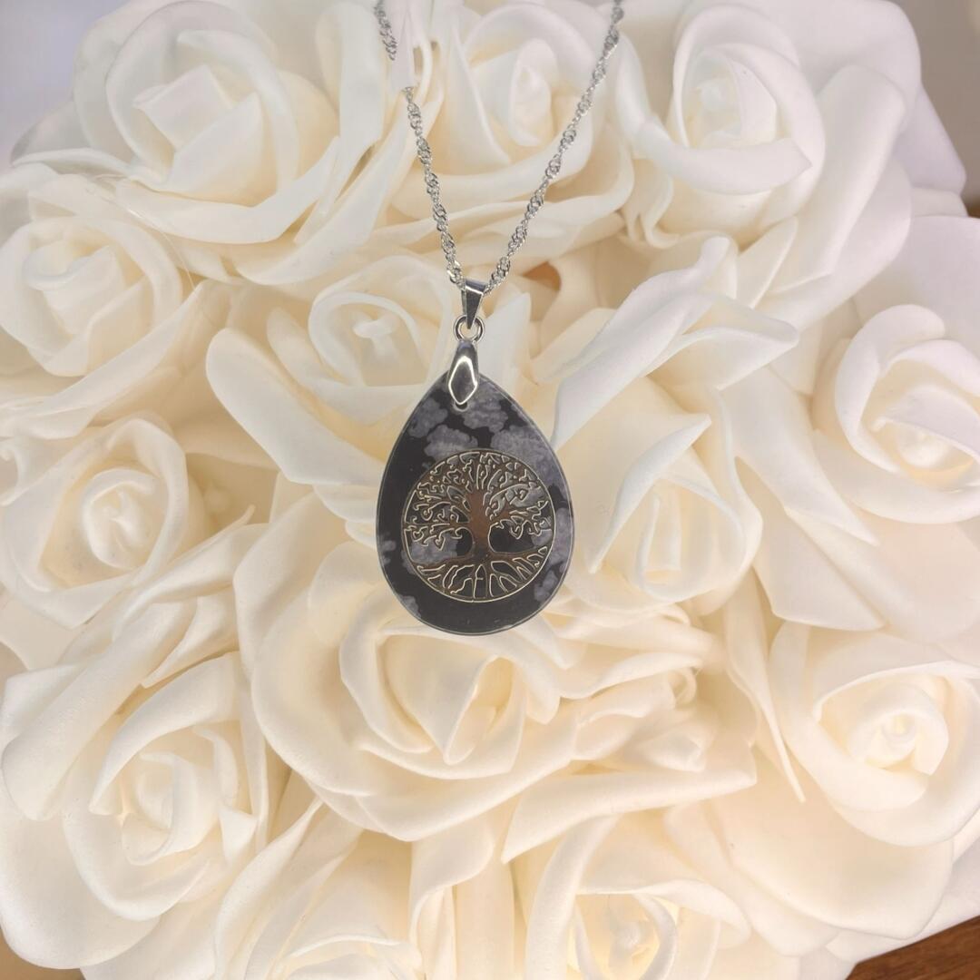 Hayat Ağacı Sembollü Karlı Obsidyen Kolye - 1