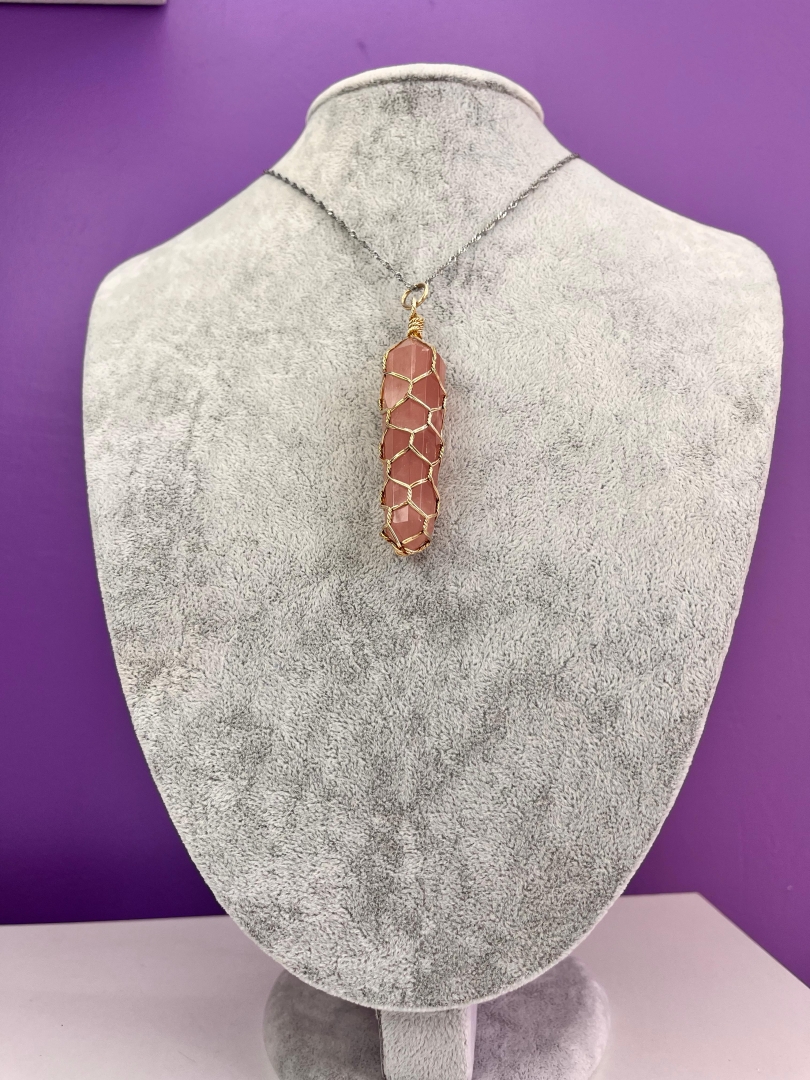 Tek Uçlu Kesim Pembe Kuvars Kolye - 2