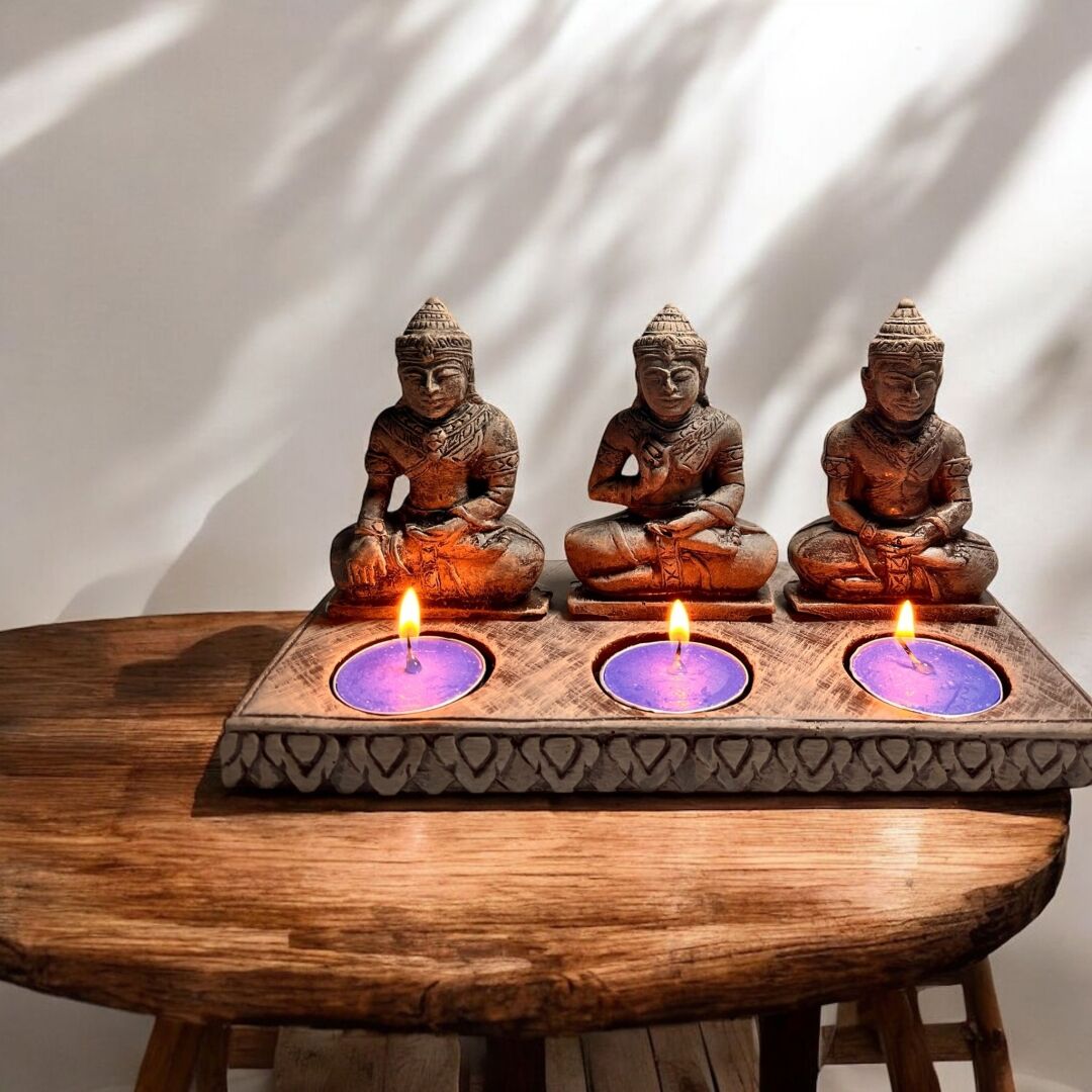 Seramik Üçlü Buda Figürlü Mumluk - 