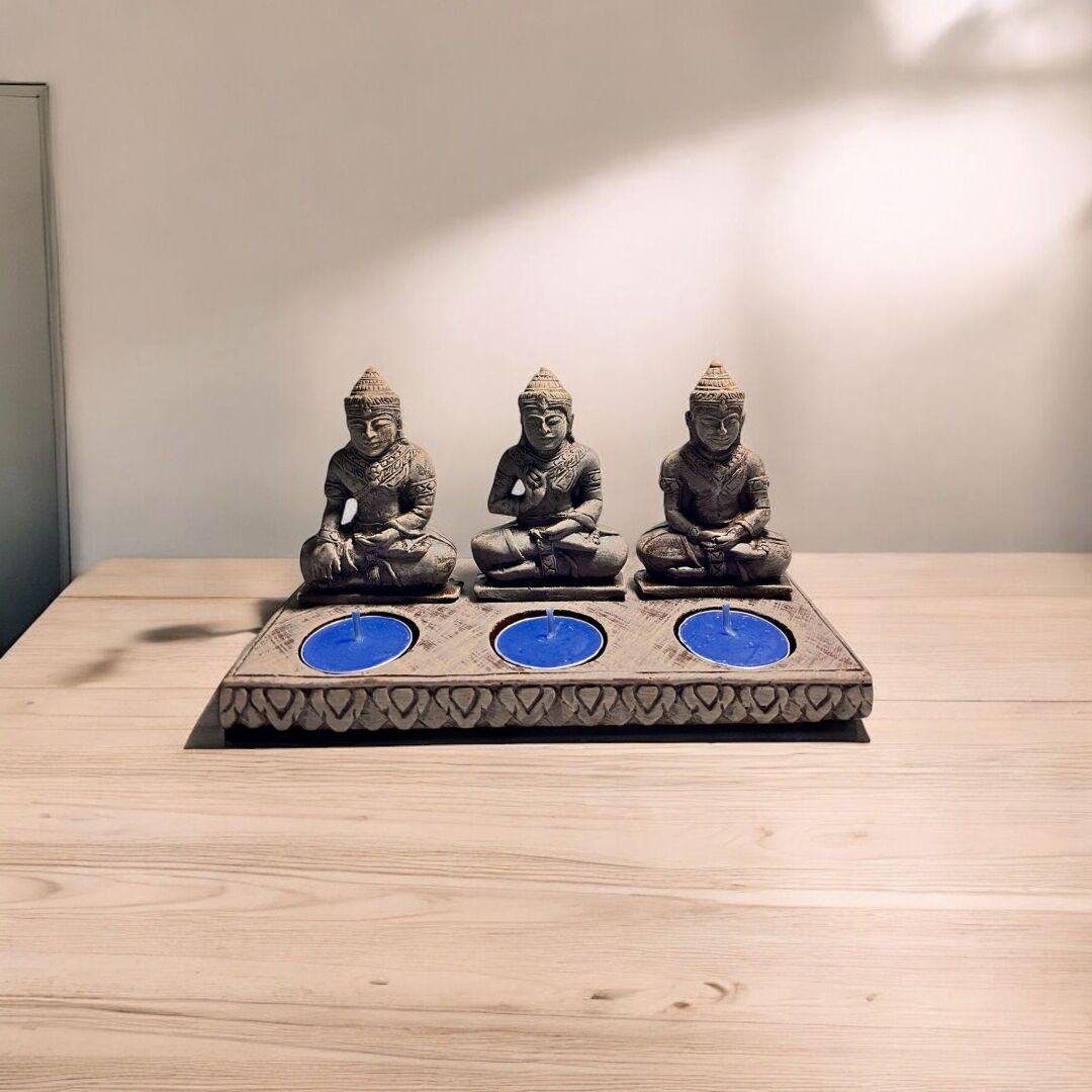 Seramik Üçlü Buda Figürlü Mumluk - 2