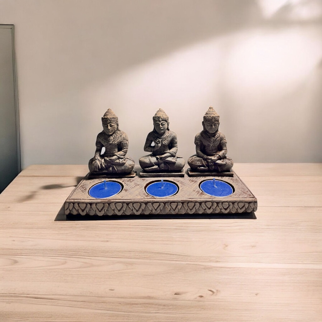 Seramik Üçlü Buda Figürlü Mumluk - 2