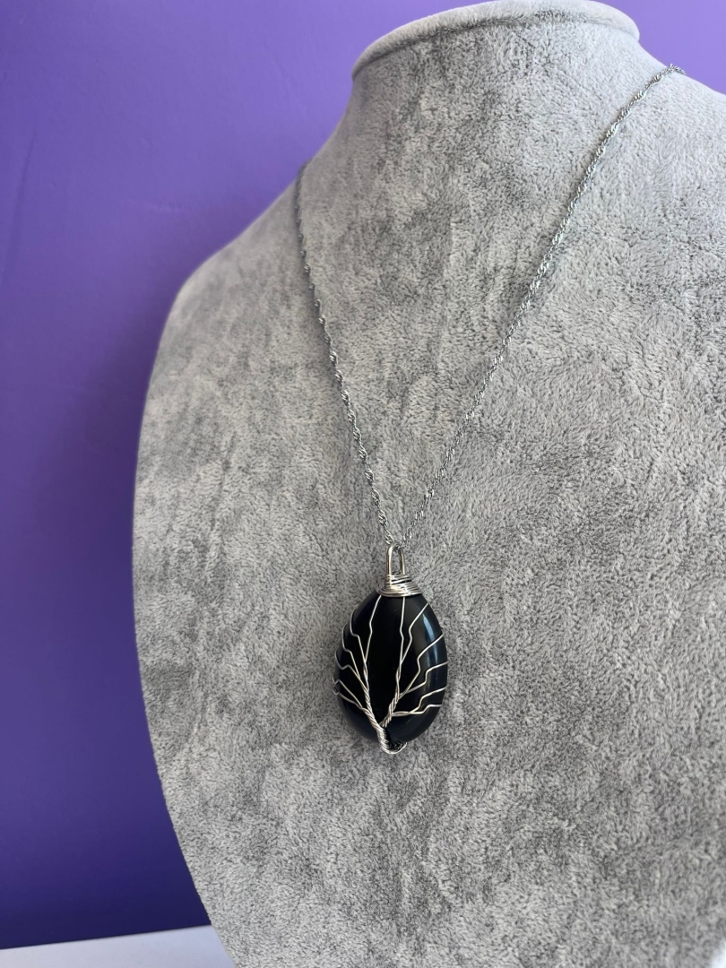 Yaşam Ağacı İşlemeli Obsidyen Kolye - 1