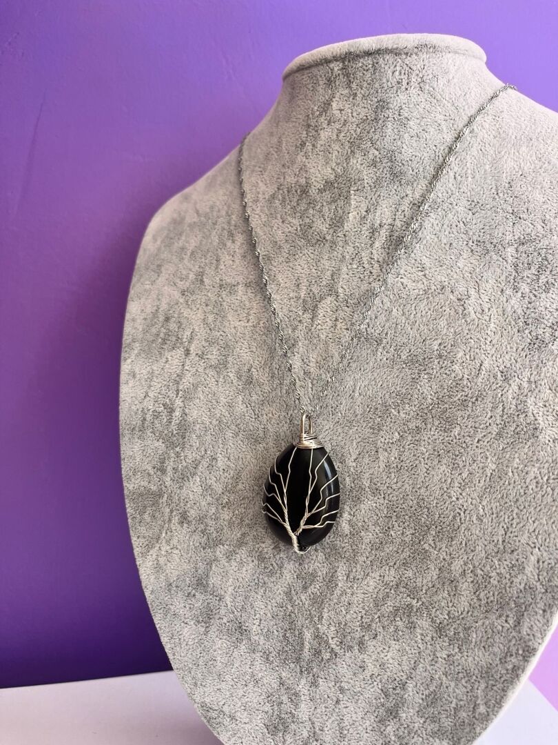 Yaşam Ağacı İşlemeli Obsidyen Kolye - 4